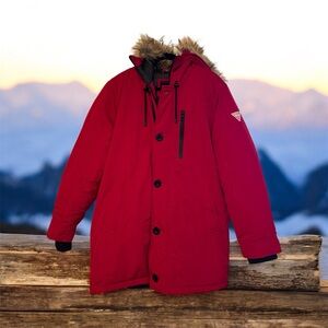 Guess Red Parka with Faux Fur Trim